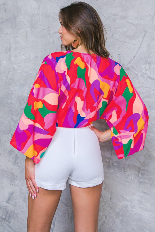 Love You Like Printed Woven Top With V Neck Dolman Sleeves Front Tie Lightweight