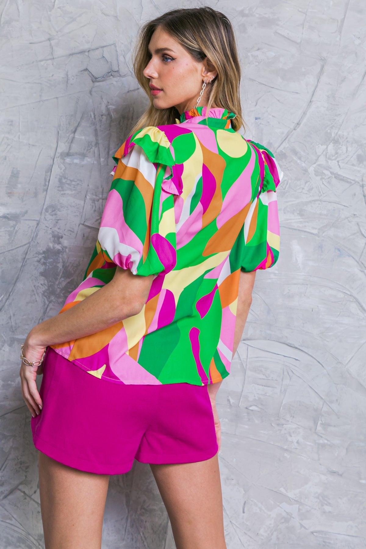 Make Them Proud Woven Top High Neck Ruffle Edge Puff Sleeves