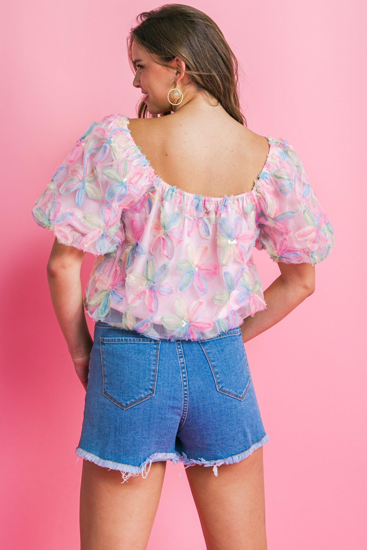 Lifetime of Love Woven Top with Square Neckline and Puff Sleeves