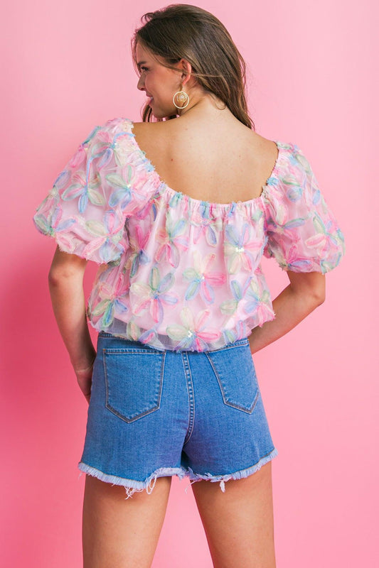 Lifetime of Love Woven Top with Square Neckline and Puff Sleeves