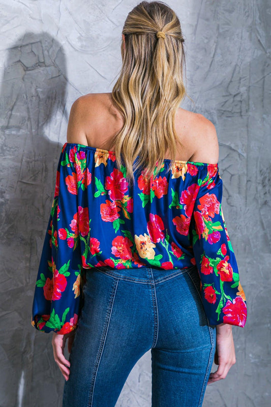 Unforgettable Muse Woven Top Off Shoulder Printed Long Sleeve Elasticized Waist