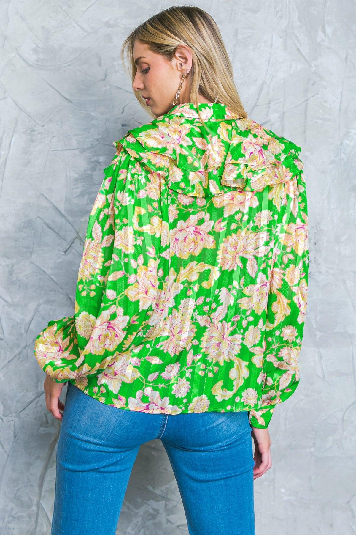 Stuck On An Island Printed Woven Top With Ruffles And Shirt Collar