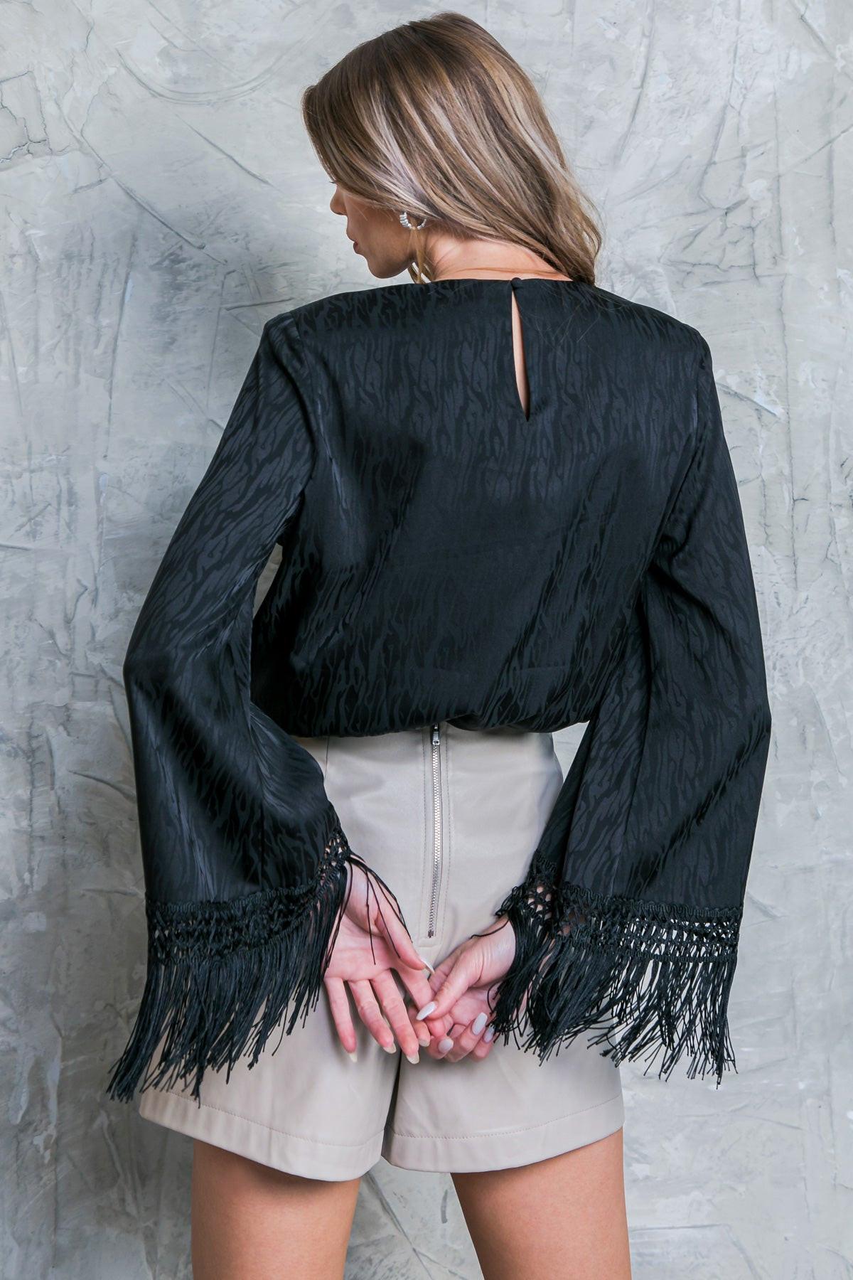 Love Every Day Woven Bodysuit With Fringe Bell Sleeves And Mesh Snap Bottom