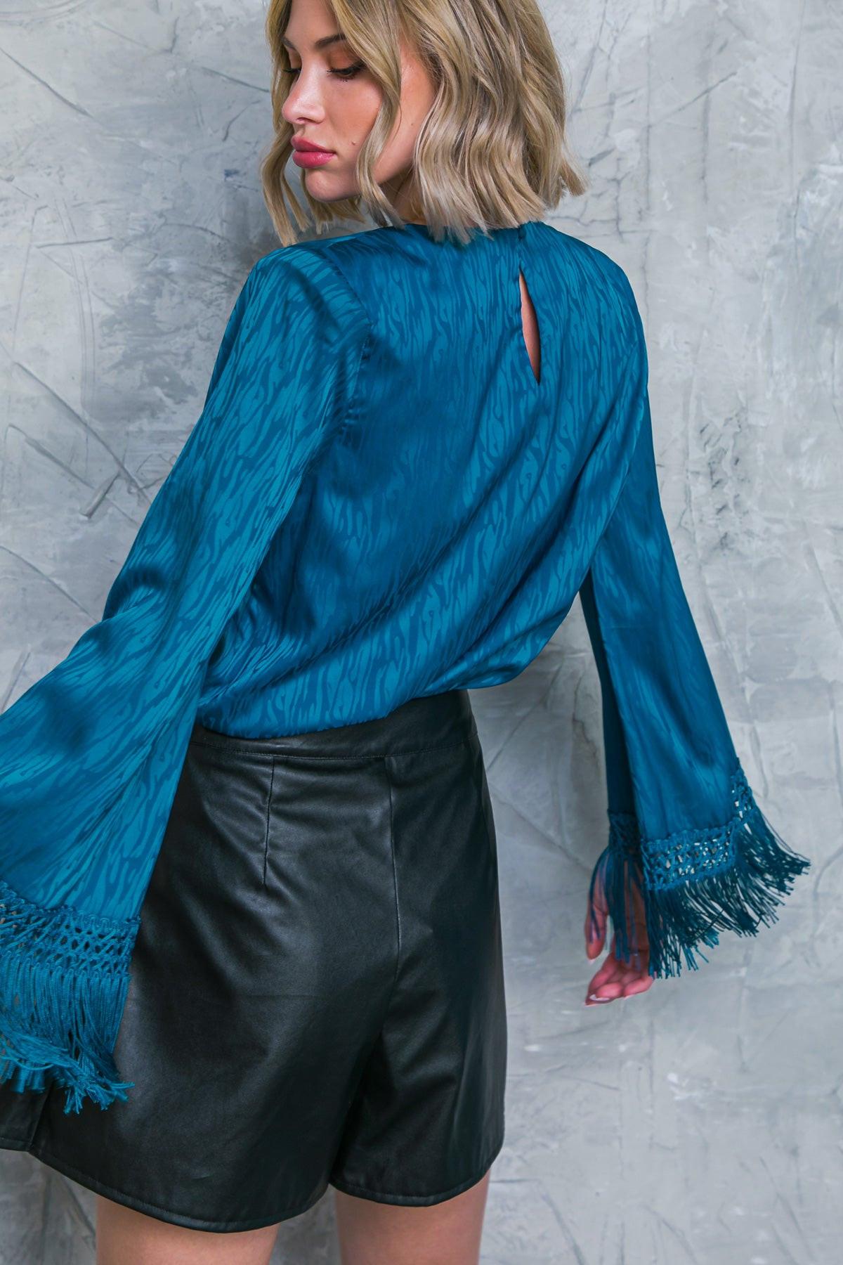 Love Every Day Woven Bodysuit With Fringe Bell Sleeves And Mesh Snap Bottom