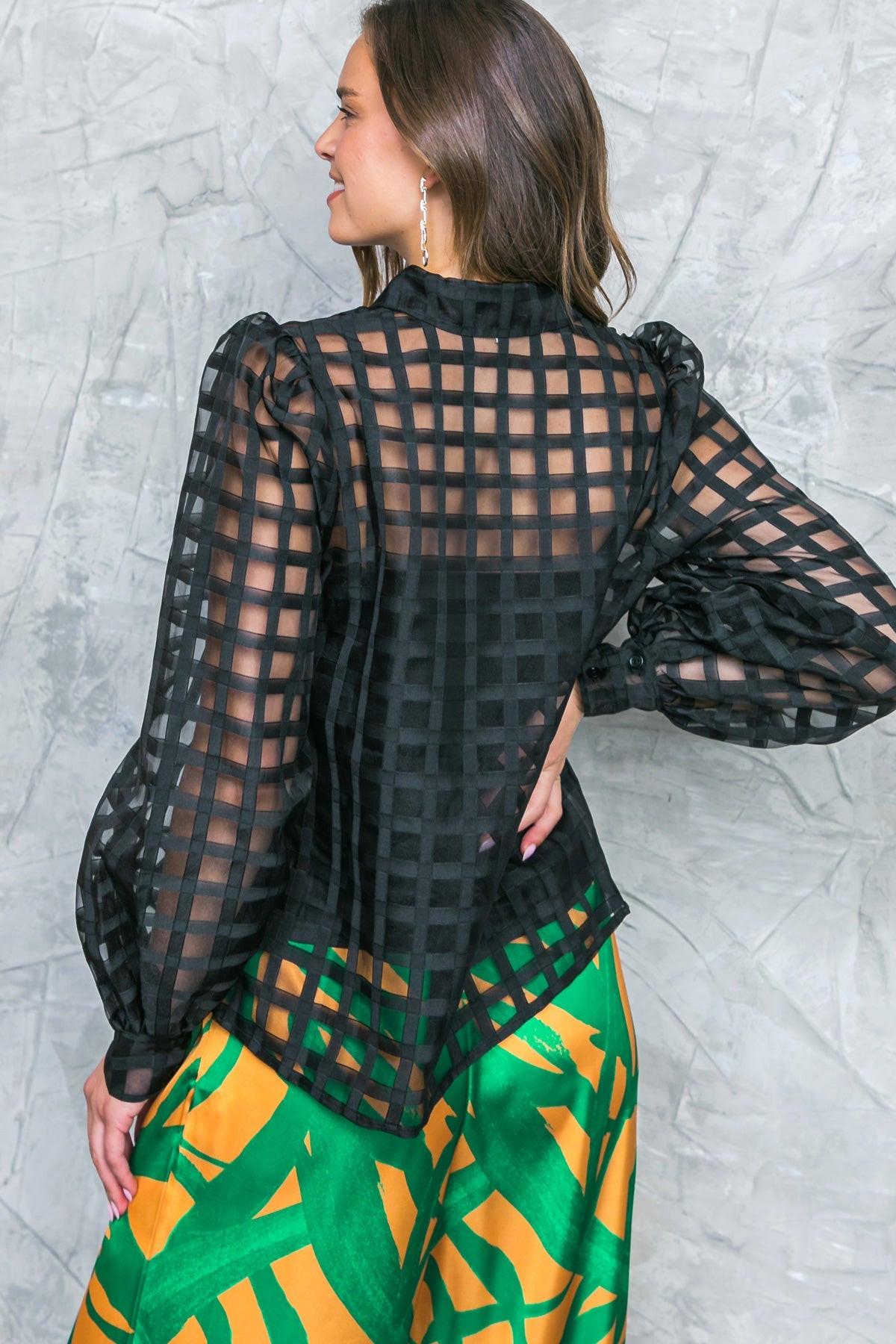Fluttering Woven Top With Jacquard Shirt Collar Long Sleeves And Cami Inside