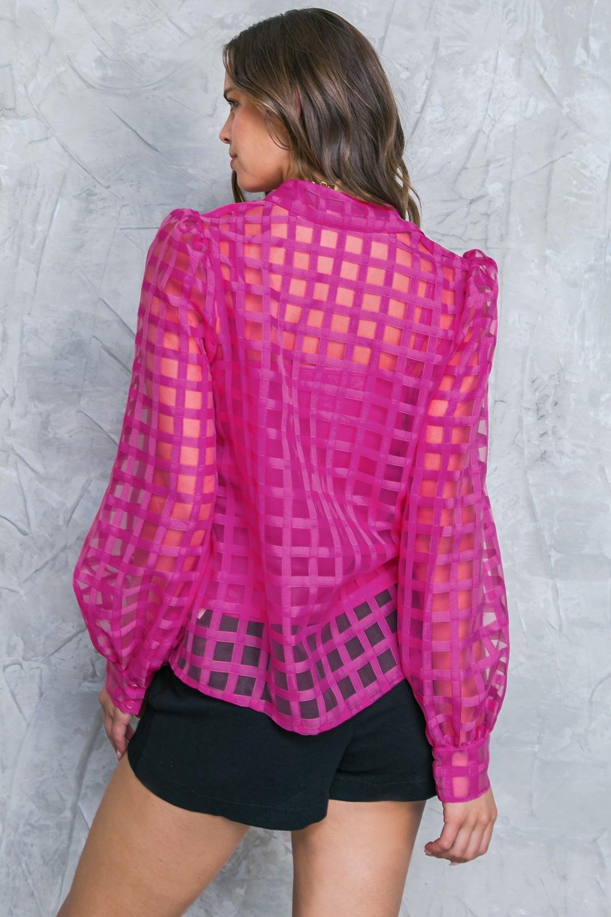 Fluttering Woven Top With Jacquard Shirt Collar Long Sleeves And Cami Inside