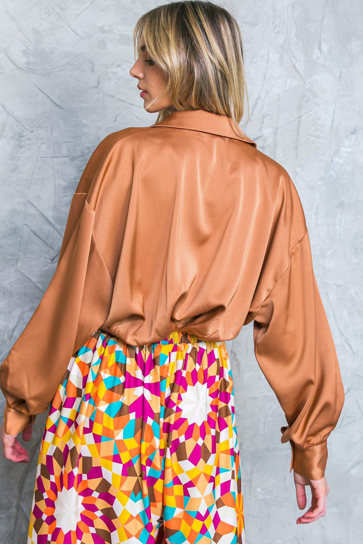 Graceful Movements Woven Top With Hidden Button Down Shirt Collar Long Sleeves
