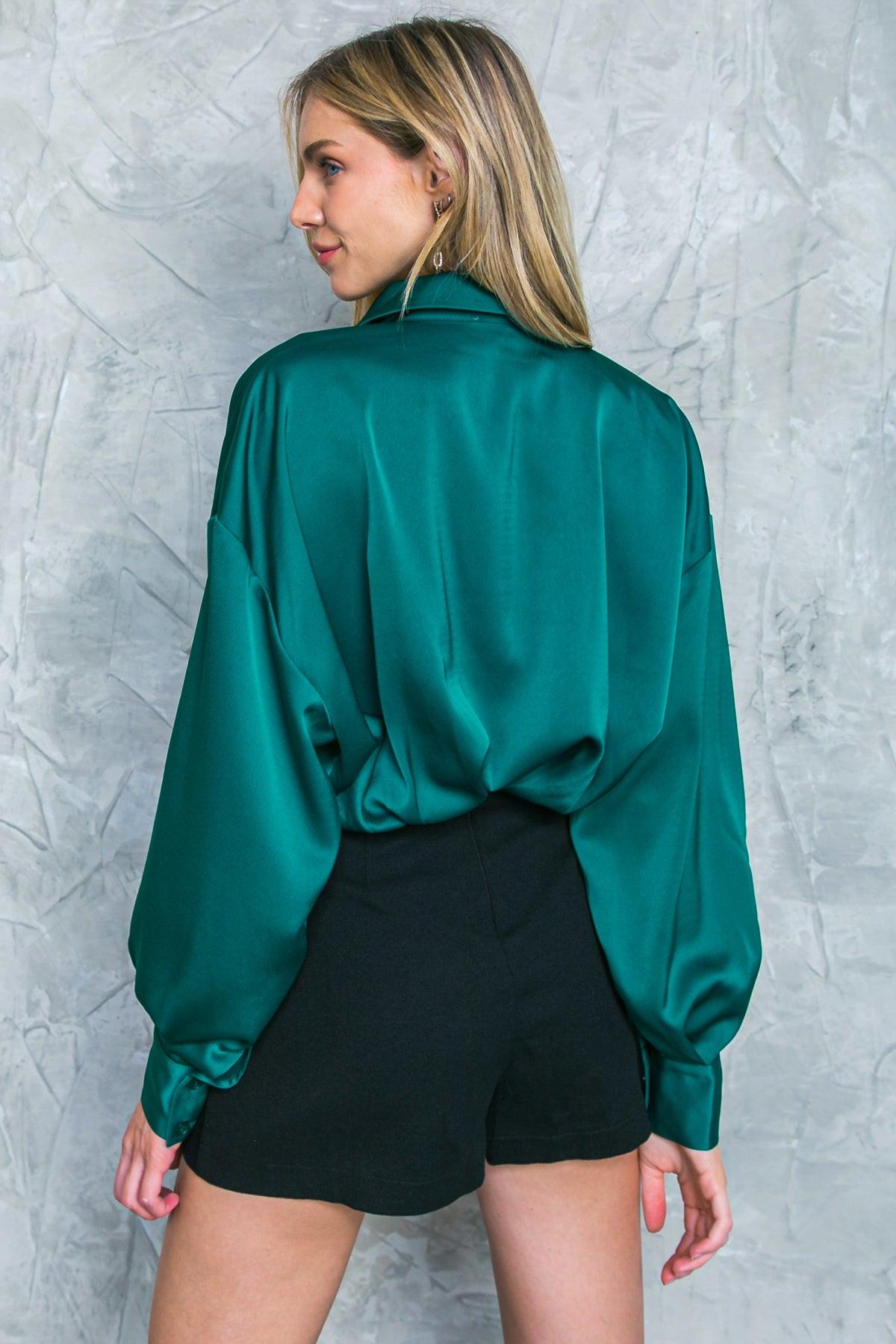 Graceful Movements Woven Top With Hidden Button Down Shirt Collar Long Sleeves