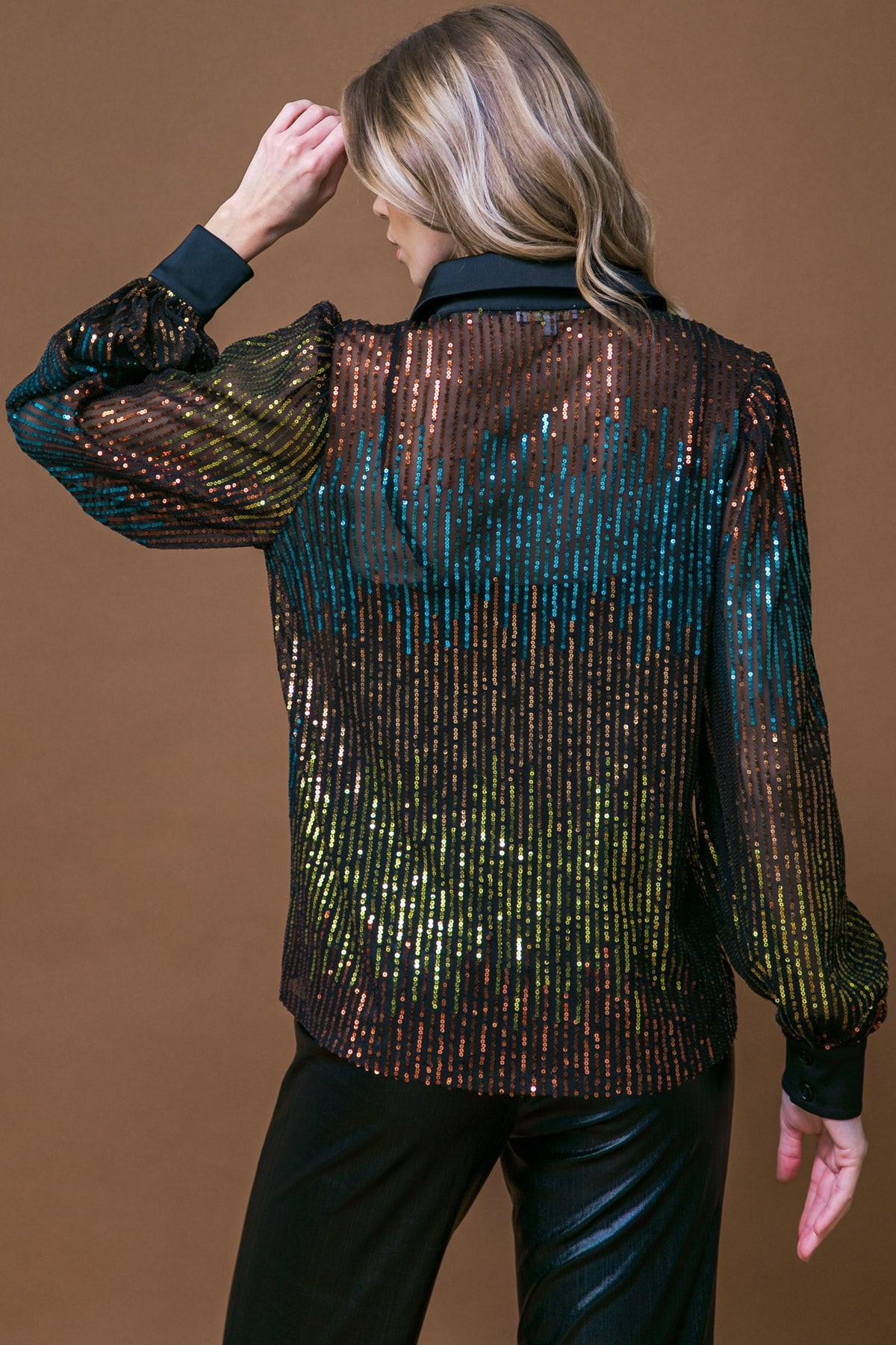 Cause a Commotion Sequin Blouse with Shirt Collar and Button Front