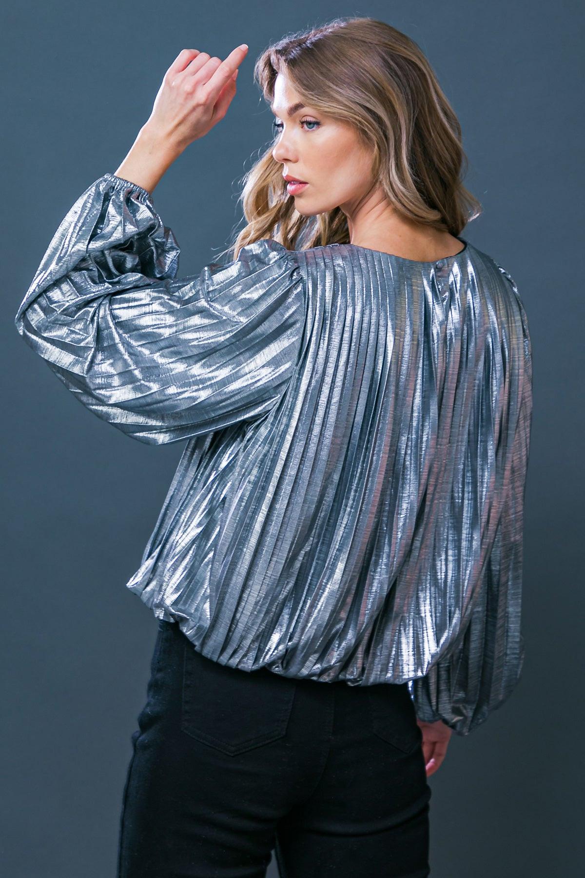 Key It Down Fully Pleated Woven Foiled Top With Round Neckline And Elastic Waist