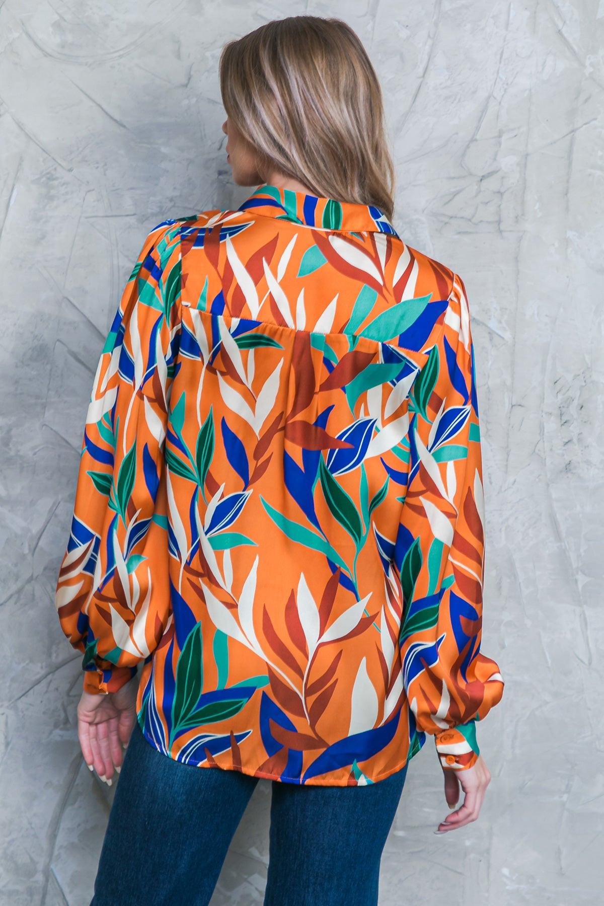 Feels Like Fall Woven Top Printed Button Down Collar Long Sleeves