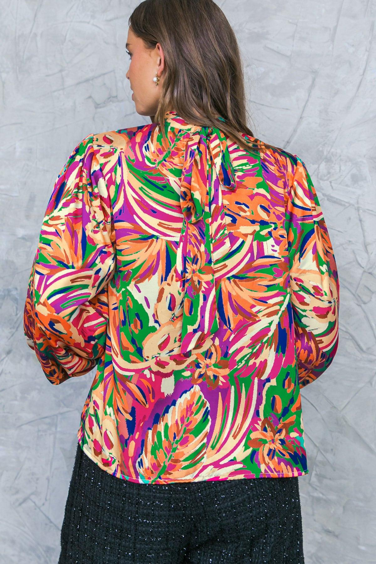 Adoring Devotion Woven Top With High Neck Long Sleeves And Tie Back Print