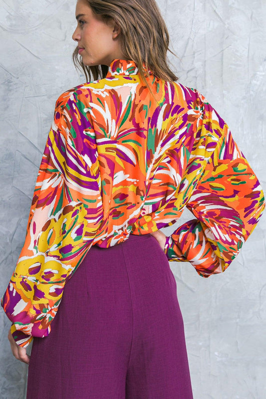 Famous Behavior Printed Woven Top With Shirt Collar And Long Sleeves