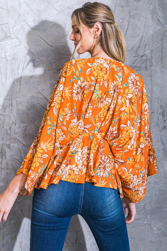 Find You Well Woven Top With V Neck Kimono Sleeves Peplum Silhouette