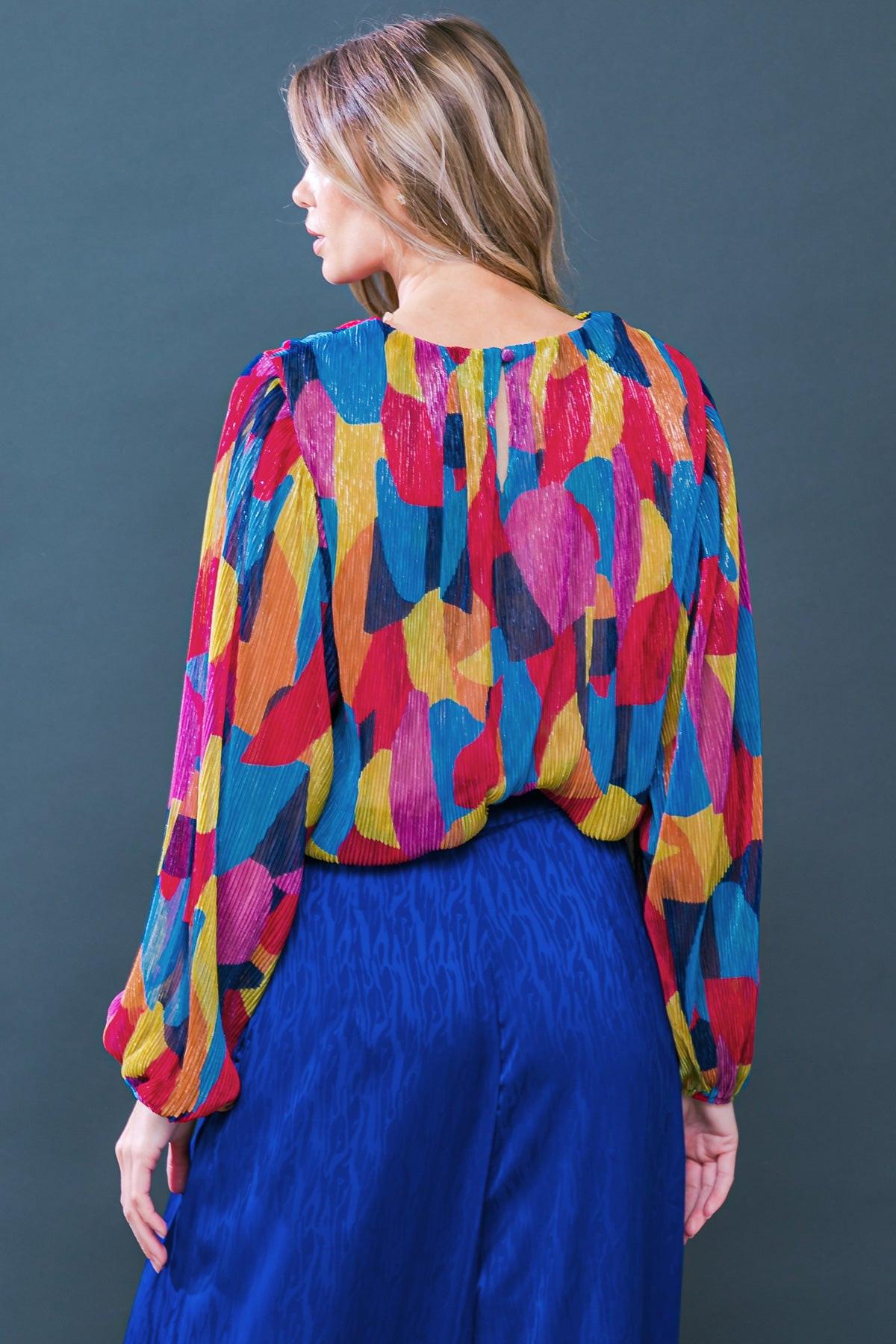 Feeling Delightful Printed Crinkled Woven Top With Round Neck And Long Sleeves