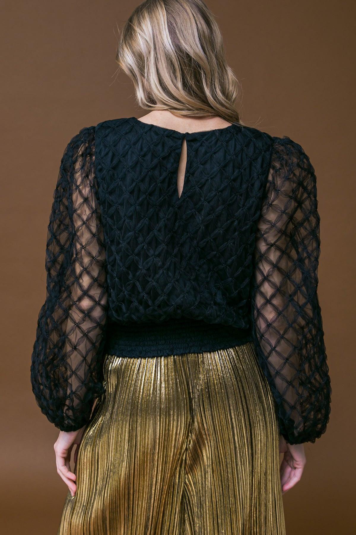 Sweetly Captivating Woven Top With Round Neck Long Sleeve Smocked Waistband