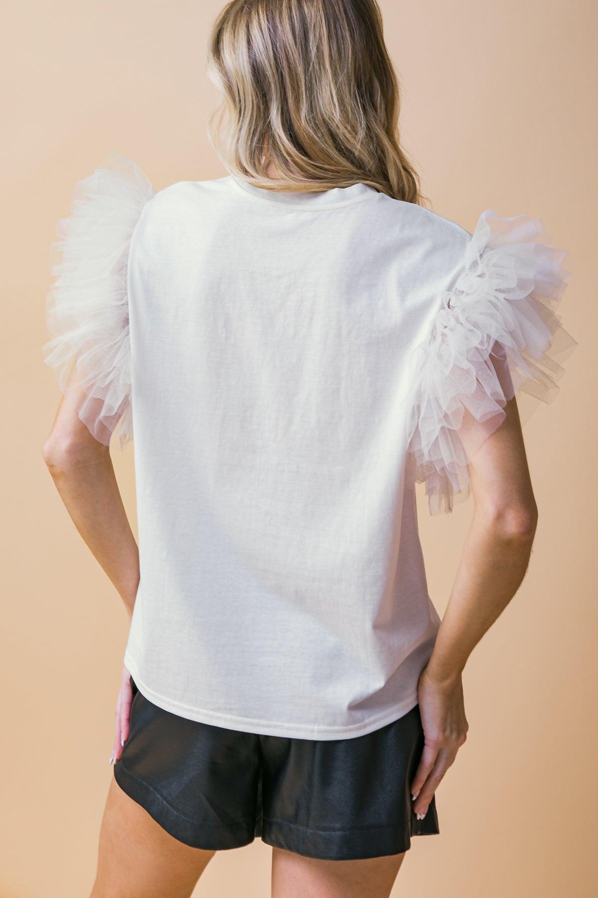 Iconic Beauty Knit Top With Rhinestone Front And Tulle Ruffle Sleeve