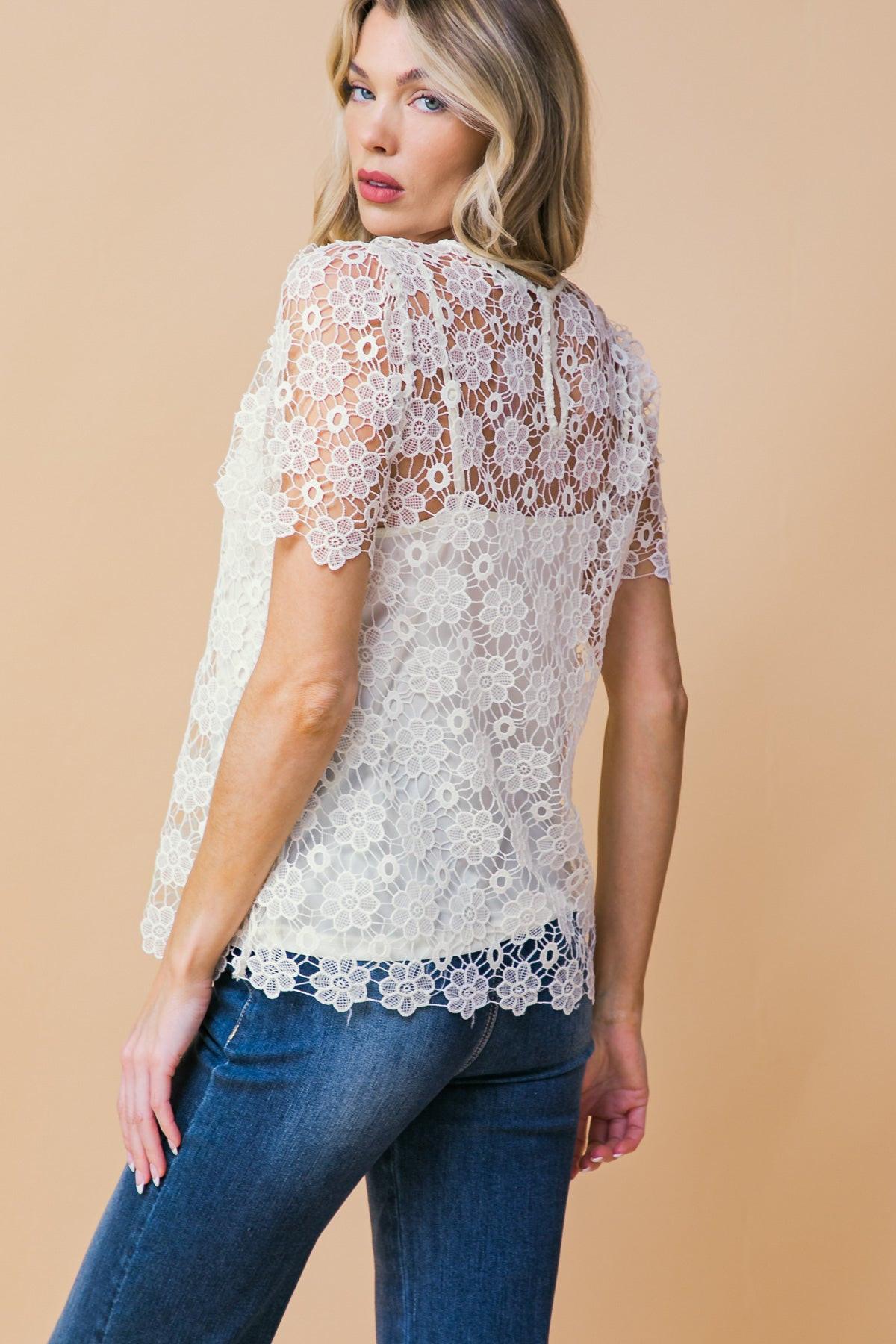 Melt My Heart Lace Top Round Neck Short Sleeves Back Neck Button Closure