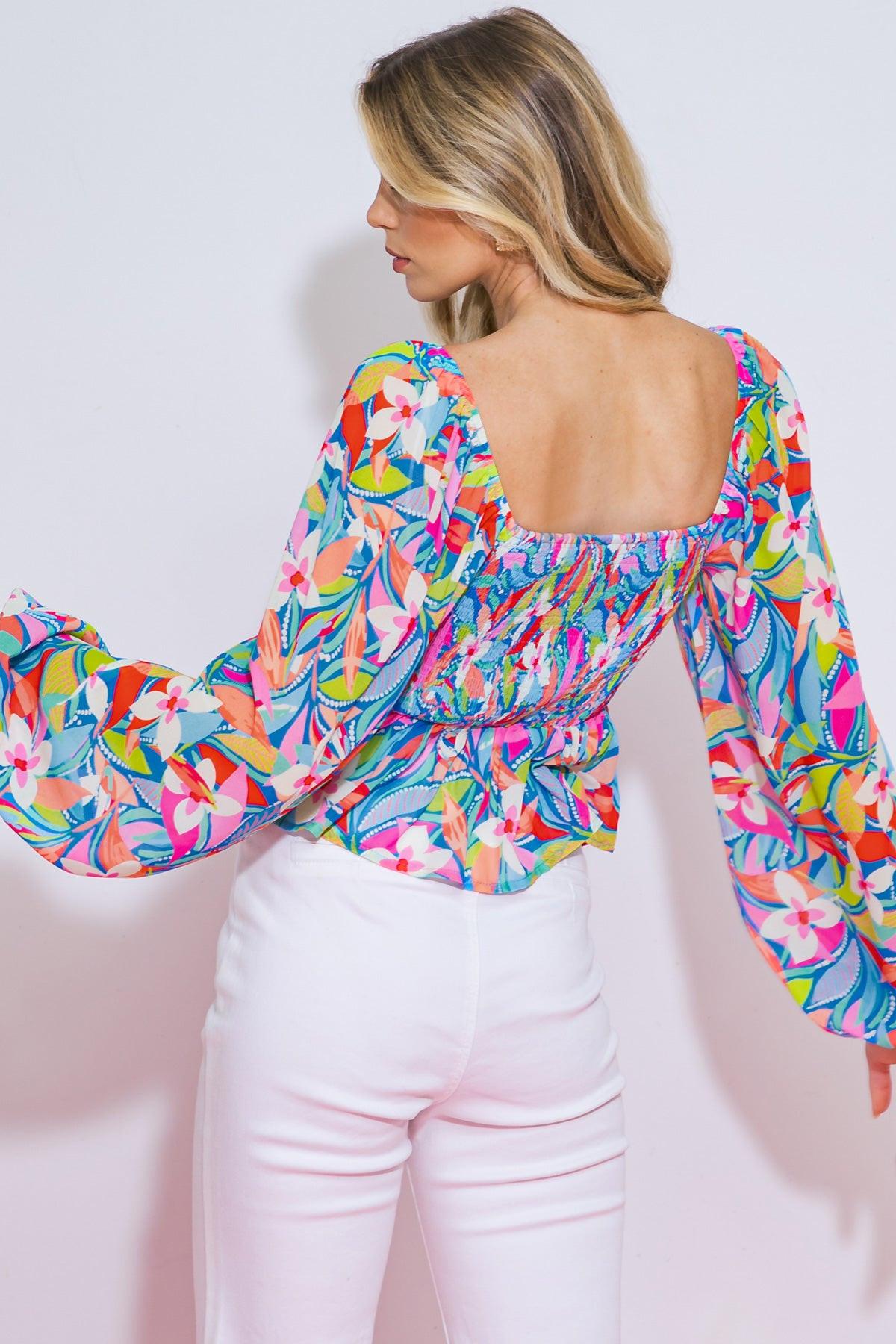 I Never Knew Printed Woven Top With Sweetheart Neckline Peasant Sleeves Peplum