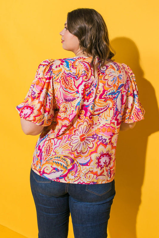 Ready To Run Printed Woven Top With Round Neckline And Puff Sleeves