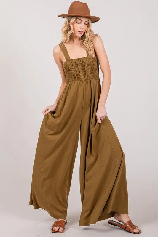 SAGE+FIG Smocked Flowy Wide Leg Jumpsuit-Soul Flow Apparel