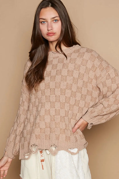 Trendsi boho checkered distressed sweater in soft beige with a relaxed fit and unique texture