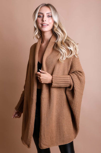 Leto Collection boho bat sleeve knit cardigan in warm tan color, perfect for layering in cooler weather