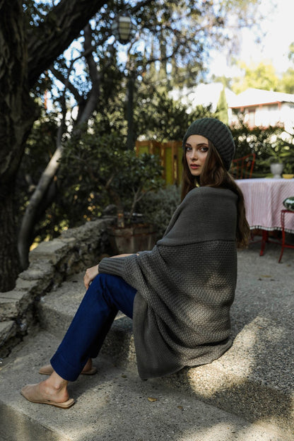 Leto Collection boho bat sleeve knit cardigan in gray, styled with a cozy hat outdoors