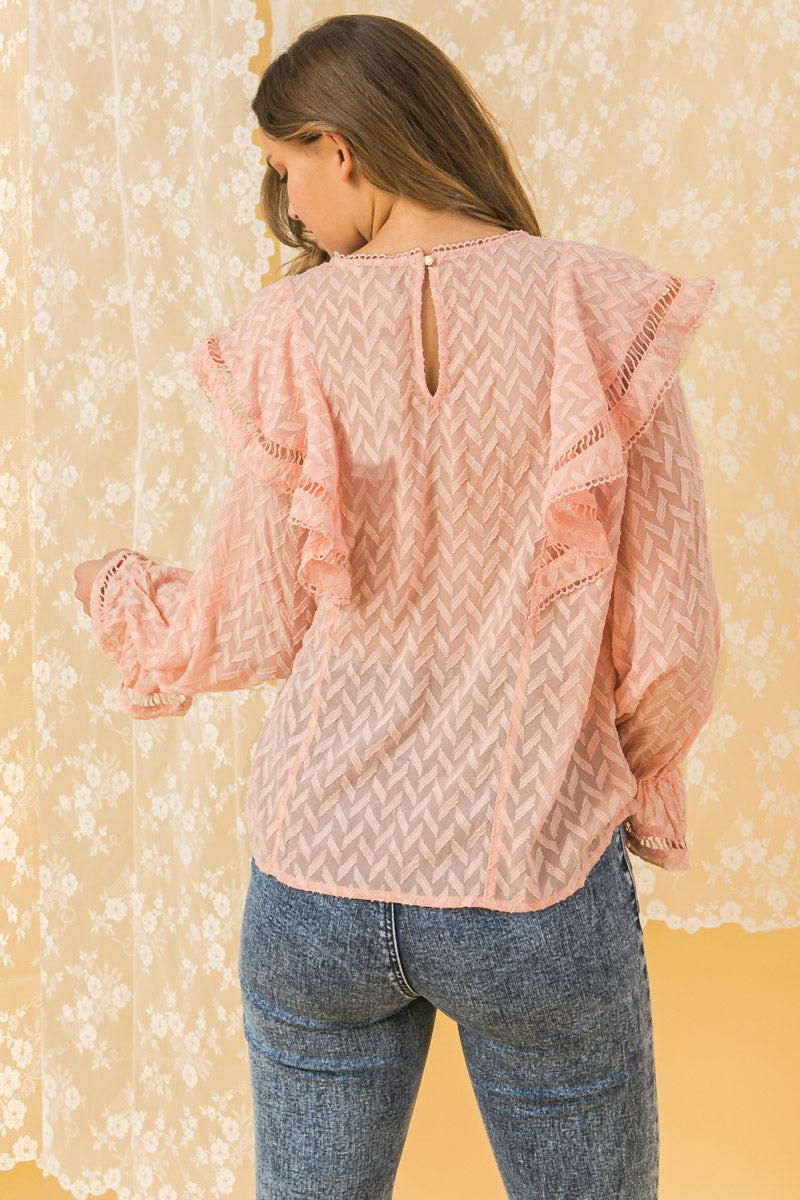 Semi Sheer Embroidered Chevron Peasant Top With Ruffle Trim And Bishop Sleeves