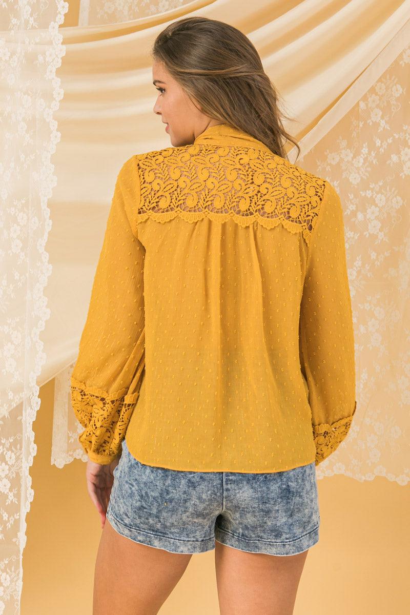 Semi Sheer Peasant Top Swiss Dot Lace Applique Yoke Tie Neck Collar Relaxed Fit