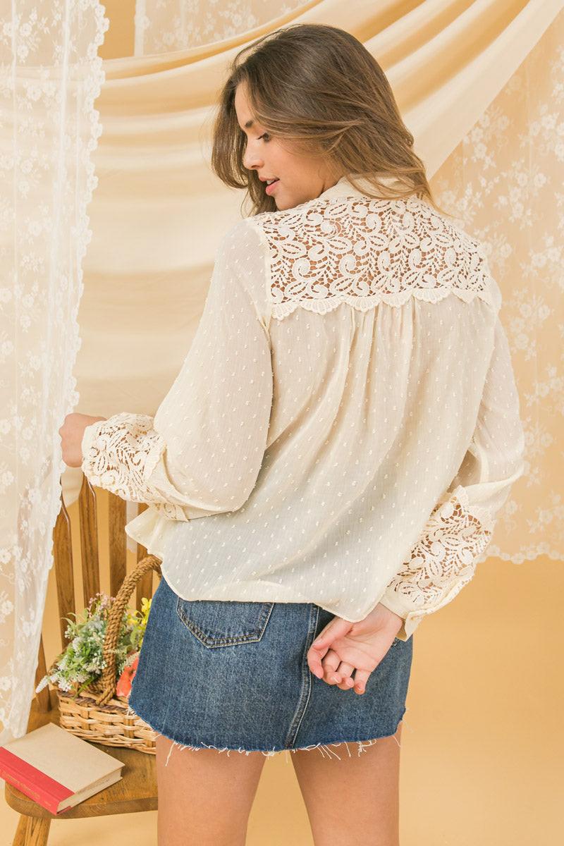 Semi Sheer Peasant Top Swiss Dot Lace Applique Yoke Tie Neck Collar Relaxed Fit