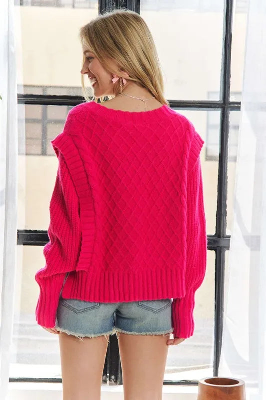 Trendsi boho ruffle detail sweater in vibrant pink, featuring a stylish oversized fit and textured design