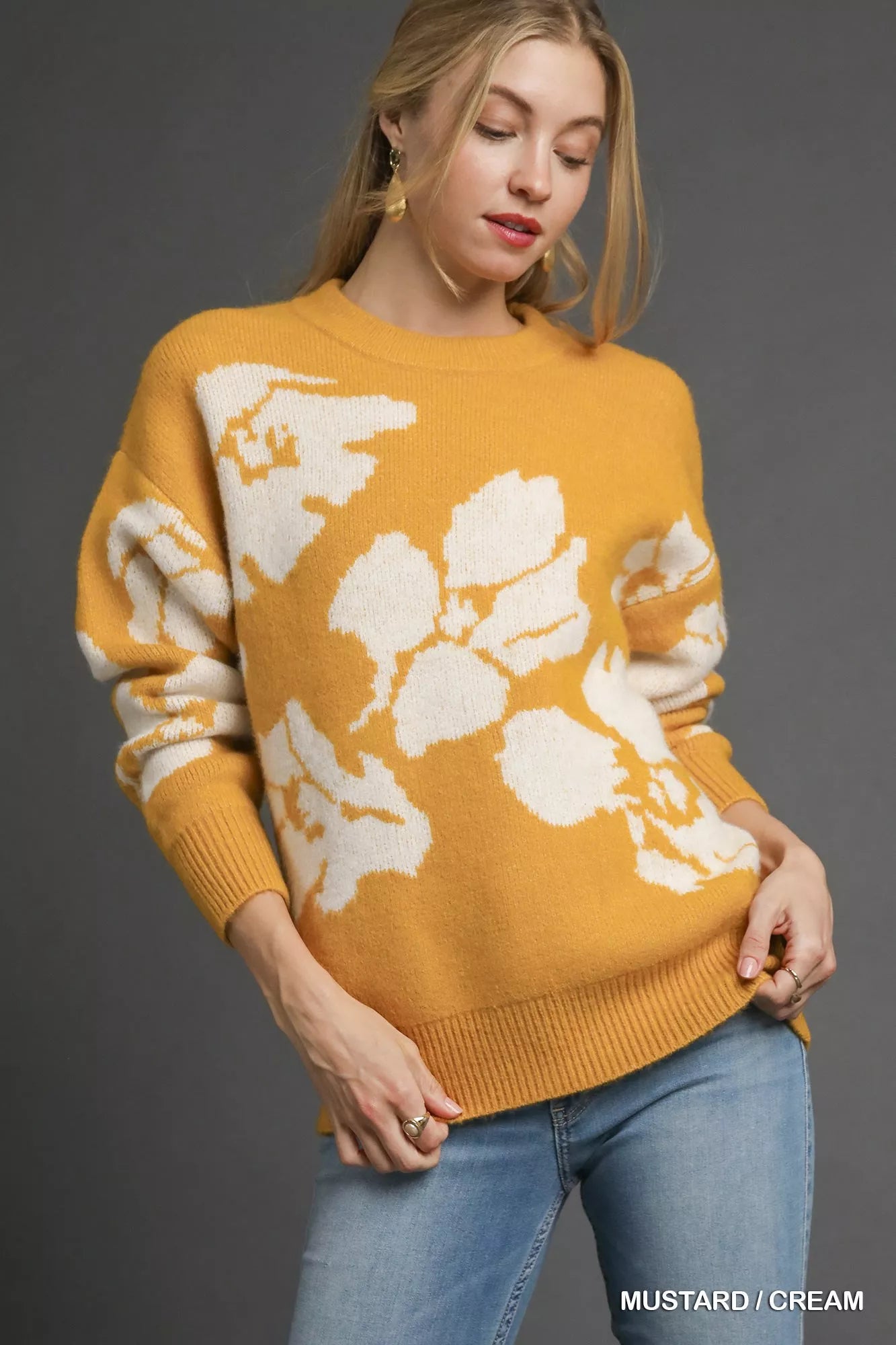 Umgee floral long sleeve sweater in mustard and cream with a stylish oversized fit