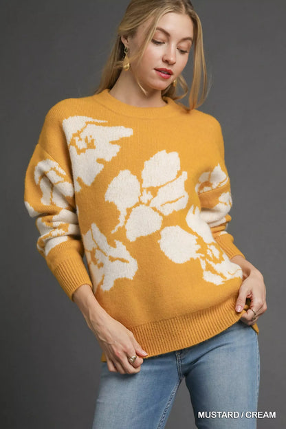 Umgee floral long sleeve sweater in mustard and cream with a stylish oversized fit