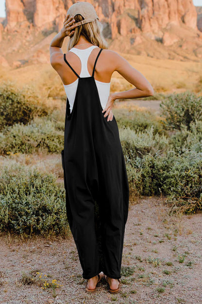 Trendsi boho v-neck sleeveless jumpsuit in black, perfect for casual outdoor wear