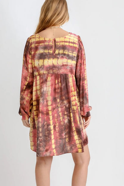 Umgee Full Size Tie Dye Long Sleeve Babydoll Dress with Keyhole Plus Size-Soul Flow Apparel