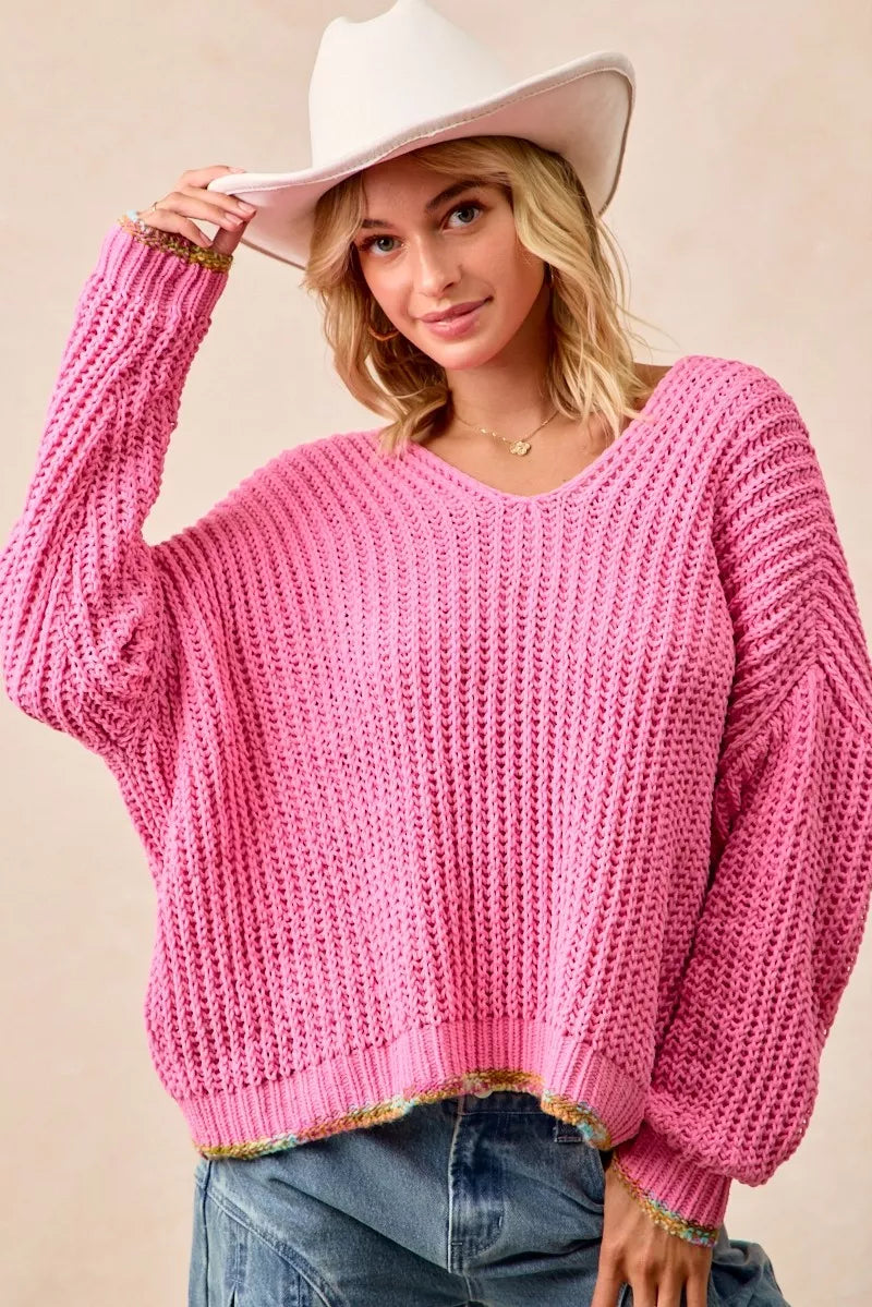 Trendy pink boho v-neck sweater women in a relaxed fit, perfect for casual outings