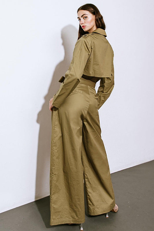 Sounds In My Mind Woven Jumpsuit With Trench Coat Top Long Sleeve Wide Leg