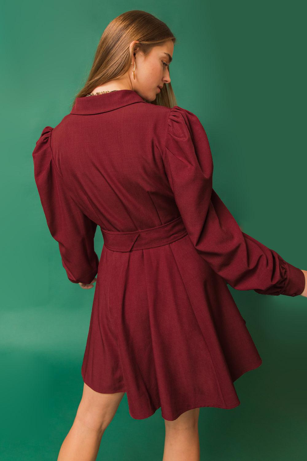Wrapped Up In Love Mini Dress With Puff Sleeves Belted Silhouette