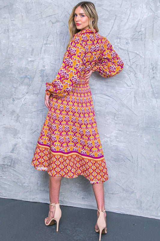 Lifetime Celebrations Printed Woven Shirt Dress With Long Sleeve Self Tie Waist