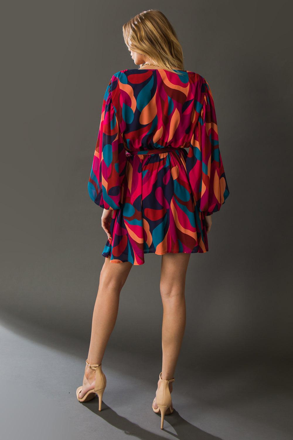Boston Getaway Woven Mini Dress Surplice Neckline Elasticized Waist Self Tie