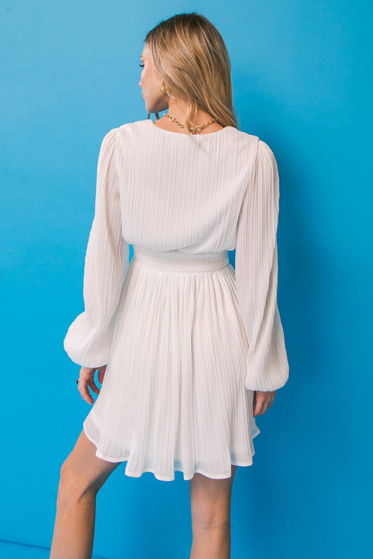 Day In The City Woven Mini Dress With V Neck Long Sleeve And Smocked Waist