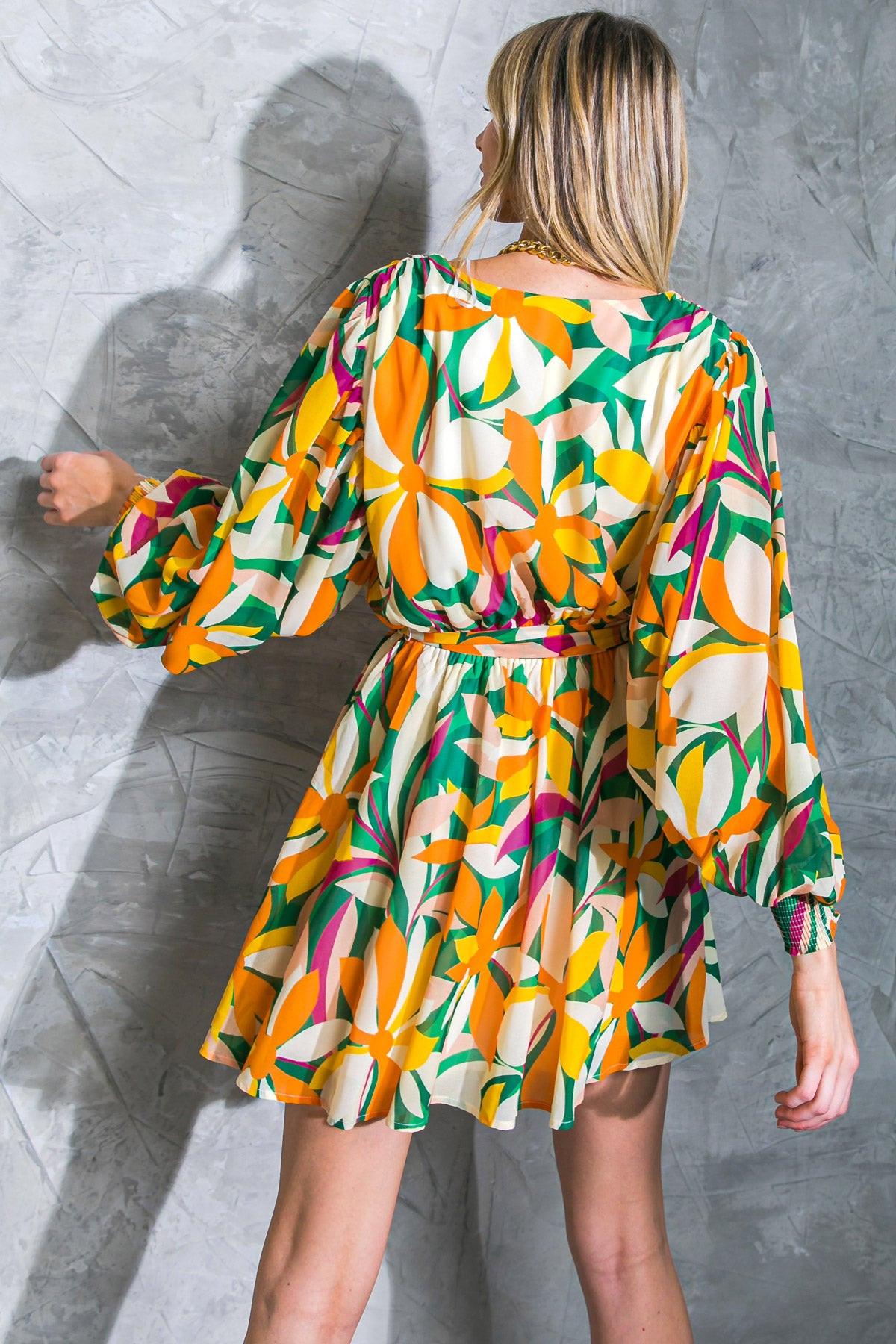 Daring Heart Printed Woven Mini Dress With Surplice Neckline And Ruffled Hem