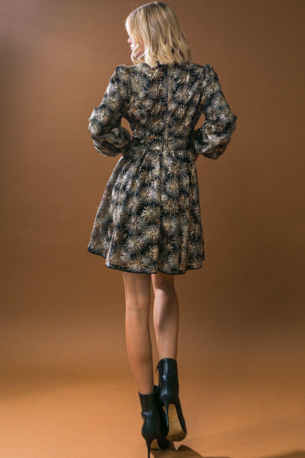 Sequined Mini Dress With Surplice Neckline And Puff Sleeves