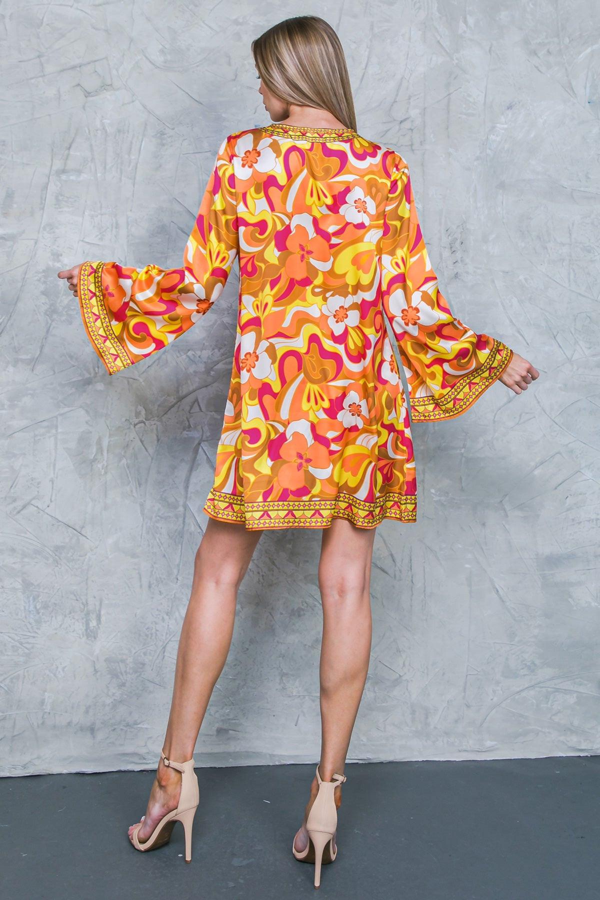 Caught Feelings Woven Mini Dress With V Neck Tie Tassel And Bell Sleeves