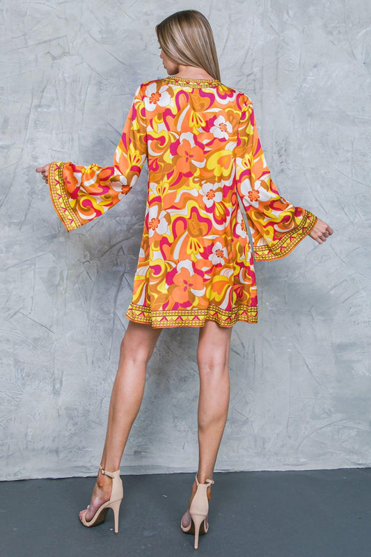 Caught Feelings Woven Mini Dress With V Neck Tie Tassel And Bell Sleeves