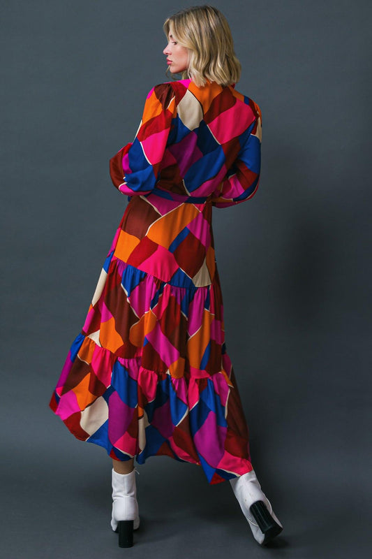 Wise Woman Printed Woven Midi Dress With Shirt Collar And Tiered Skirt