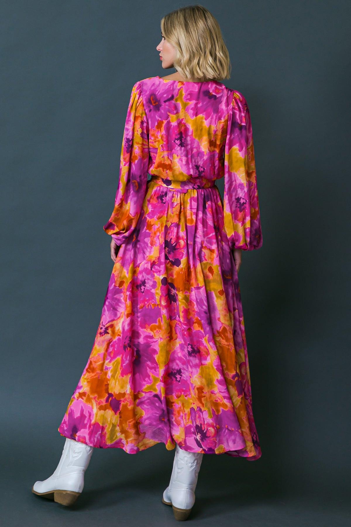 Just Watch Me Printed Woven Midi Dress With Surplice Neckline And Puff Sleeves