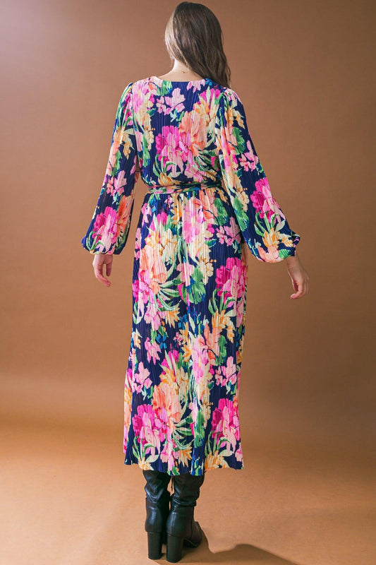 Breathtaking Moment Printed Plisse Midi Dress Surplice Neckline Long Sleeve