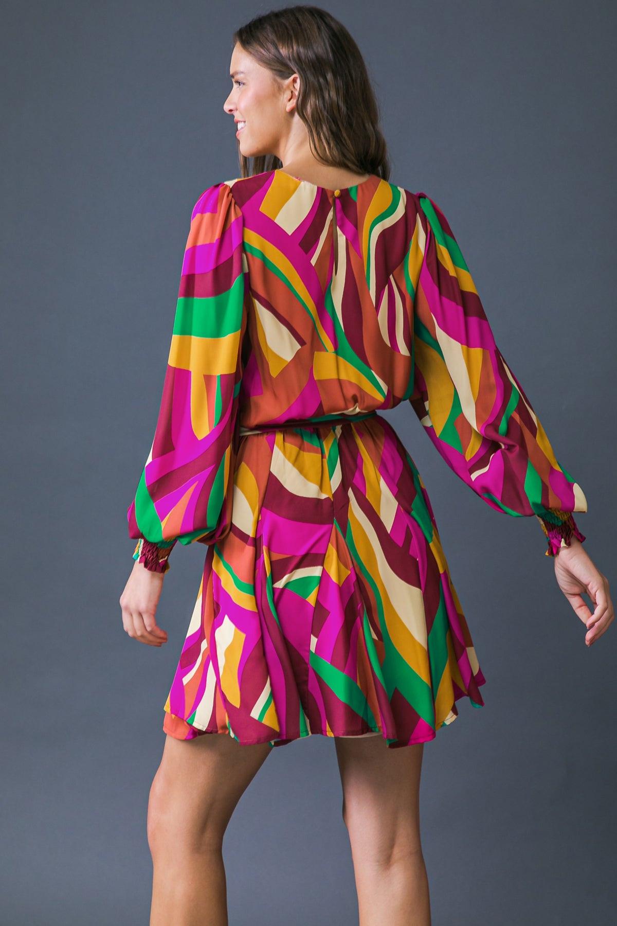 Keep On Moving Printed Woven Mini Dress With Elasticized Waist Self Sash Tie